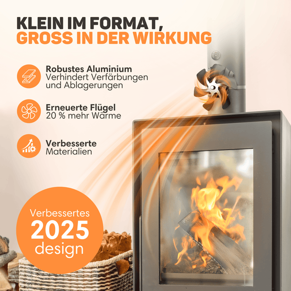 Vulpes Goods Kaminventilator - Für den Holzofen - Hängender Wärmeventilator - Stromunabhängig - 6 Blätter - Mit Thermometer