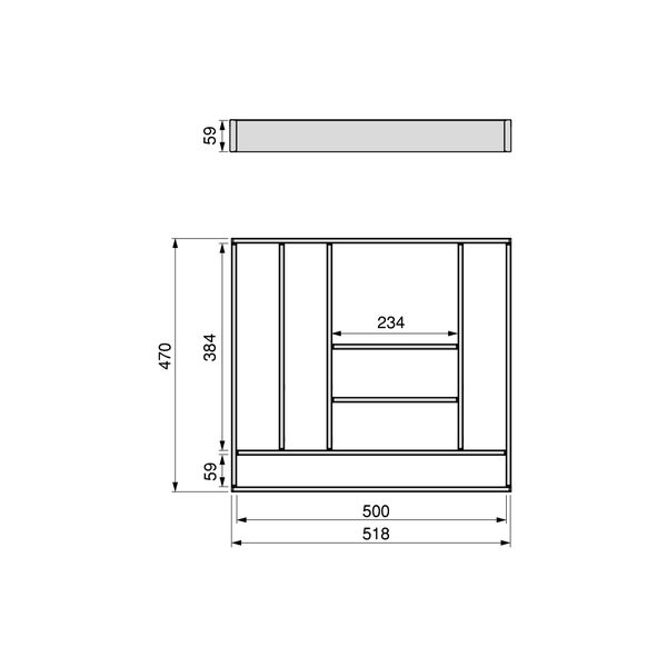 Maßzeichnung eines Besteckkastens mit den Abmessungen 518 x 470 x 59 Millimeter.