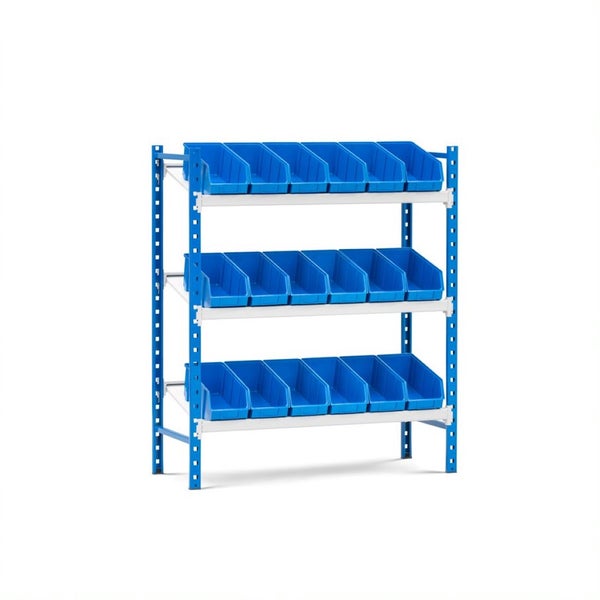 PROREGAL Schrägbodenregal MAXIMUS mit 18x Sichtlagerboxen à 5,6L Fachlast 130kg Grundregal HxBxT 120x100x40cm 3 Ebenen Lichtblau/Lichtgrau
