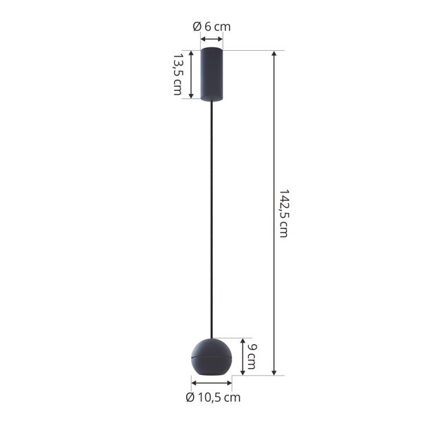 Pendelleuchte Abmessungen: Gesamthöhe 142,5 Zentimeter, Baldachin Durchmesser 6 Zentimeter, Schirm Durchmesser 10,5 Zentimeter, Höhe 9 Zentimeter.