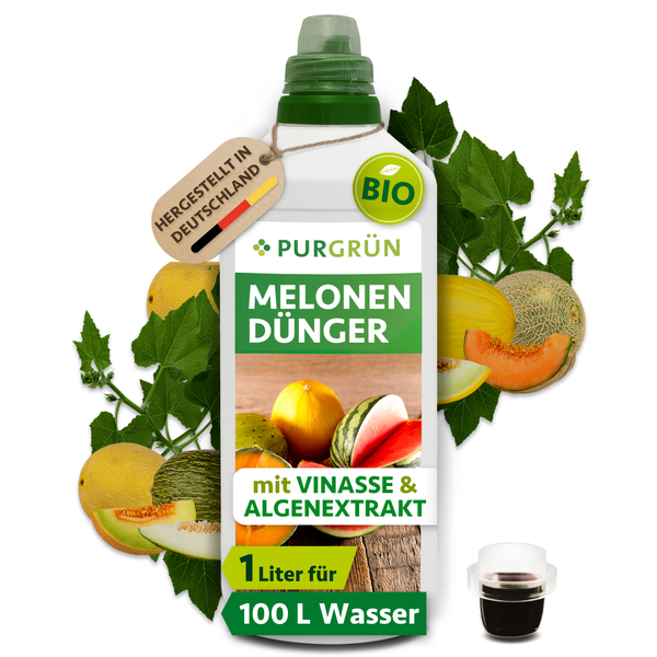 PurGrün Bio Melonendünger mit Vinasse und Algenextrakt, 1 Liter Flasche für 100 Liter Gießwasser, hergestellt in Deutschland.