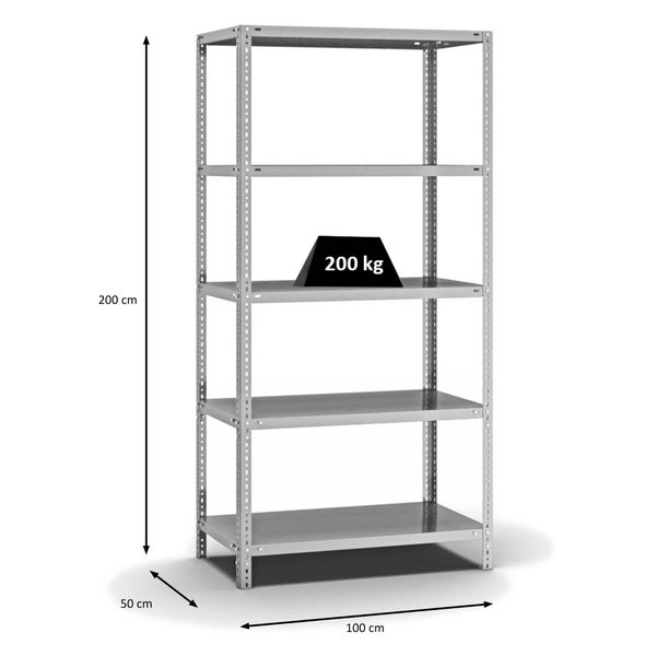 PROREGAL Fachbodenregal Schraubsystem Medium-Duty Grundregal HxBxT 200 x 100 x 50 cm 5 Ebenen Fachlast 200 kg Beidseitig Nutzbar Verzinkt