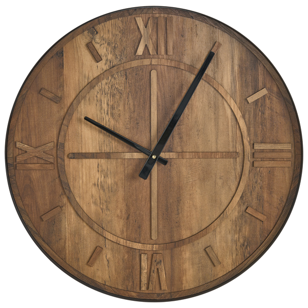 Runde Wanduhr aus Holz mit römischen Ziffern und zwei Zeigern im Vintage Design