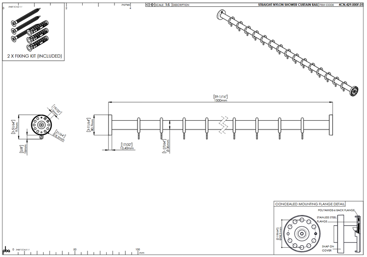 Technische Zeichnung einer geraden Duschvorhangstange aus Nylon, 1500 Millimeter Länge, inklusive Befestigung und Montageflansch-Detail.