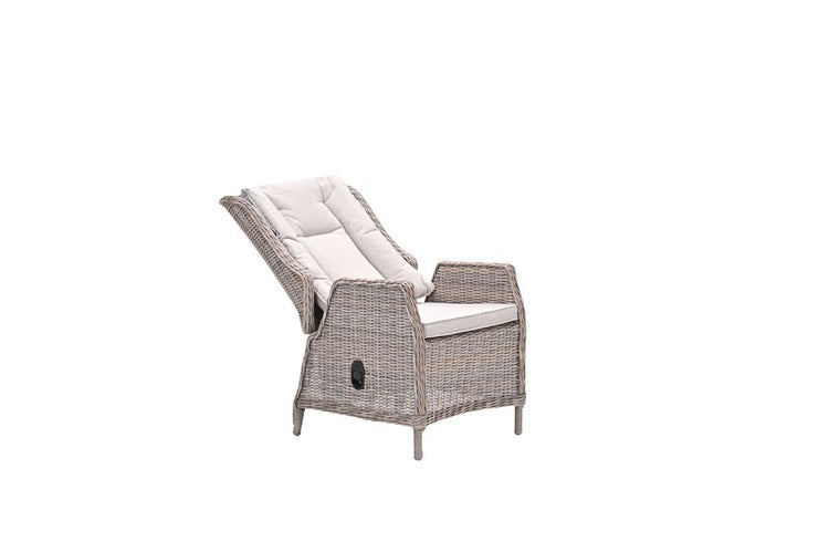 Garten-Relaxsessel aus Polyrattan-Geflecht mit verstellbarer Rückenlehne und Polsterauflage.