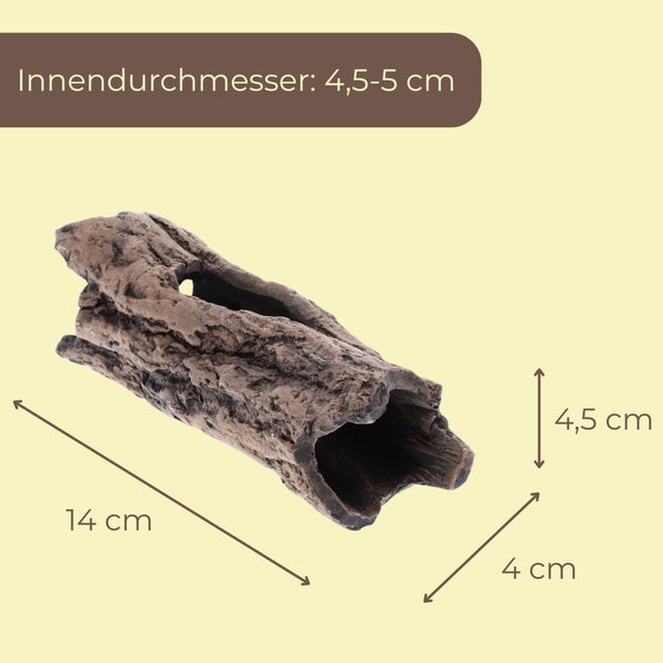 Aquarium-Dekoration brauner hohler Baumstamm, 14 Zentimeter lang, 4 Zentimeter breit, 4,5 Zentimeter hoch, Innendurchmesser 4,5 bis 5 Zentimeter.