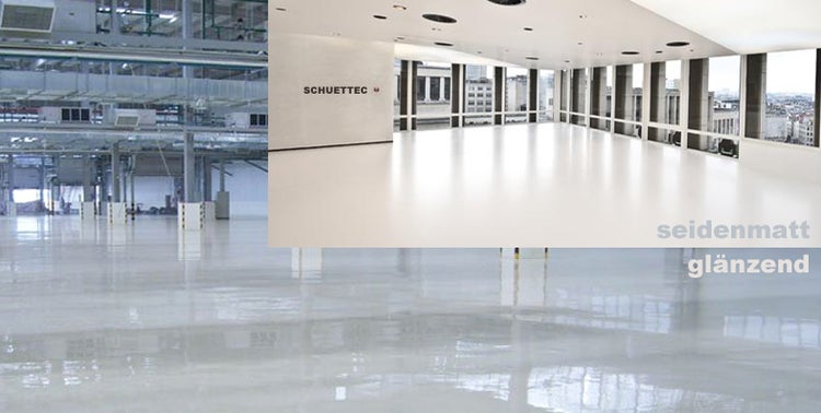 Vergleich von Bodenbeschichtungen in seidenmatt und glänzend in einer Industriehalle und einem Büroraum, Schuettec Logo.