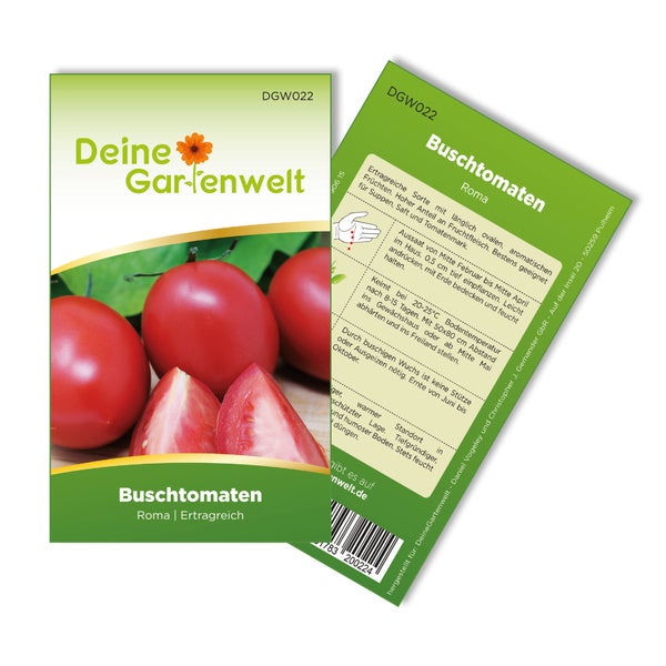 Samentüte für Buschtomaten Roma von Deine Gartenwelt, Vorder- und Rückseite mit Informationen zur Aussaat.