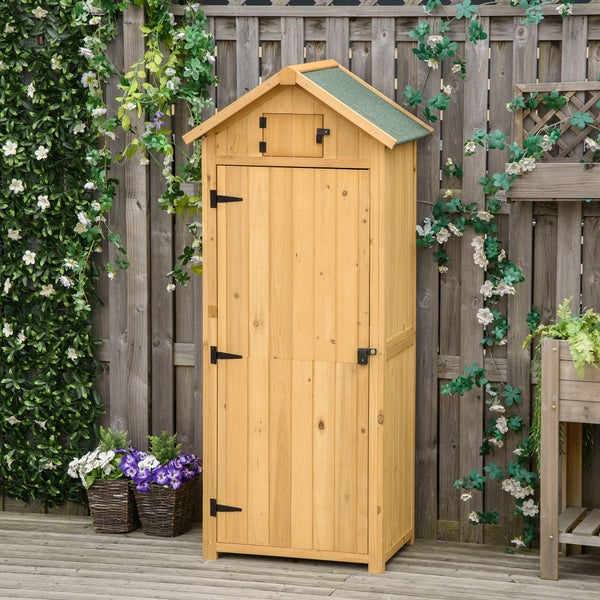 Gartenschrank aus Holz mit einer Tür und einem kleinen Dach