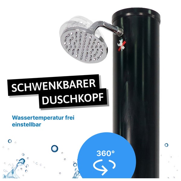 Um 360 Grad schwenkbarer Duschkopf an einer Duschsäule mit einstellbarer Wassertemperatur.