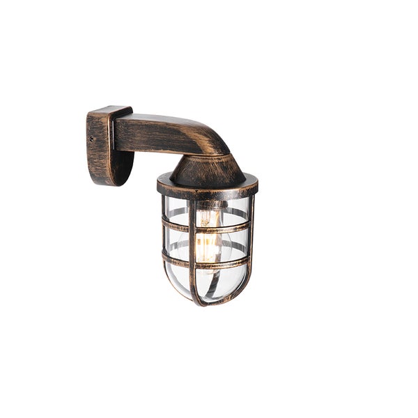 Außenwandleuchte im Vintage-Stil aus Metall in Bronze-Optik mit Glaseinsatz und Schutzgitter.