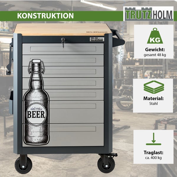 Werkstattwagen mit sieben Schubladen aus Stahl und Holz Arbeitsplatte Trutzholm Logo und Bierflaschen Motiv