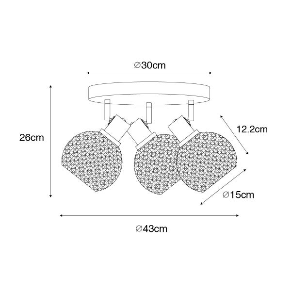 Technische Zeichnung einer Deckenleuchte mit drei Strahlern und Maßangaben