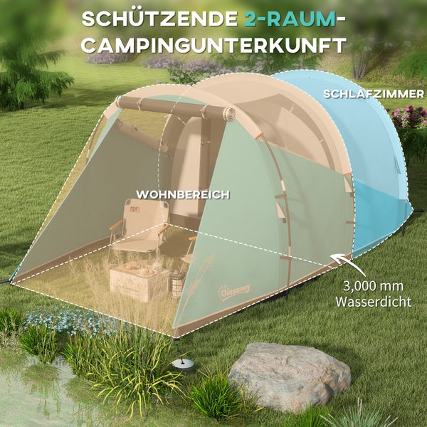 Outsunny Tunnelzelt, Campingzelt für 5 Personen, mit 2 Räumen, Tragetasche, 460L x 260B x 190H cm, Polyester, PE, Blau