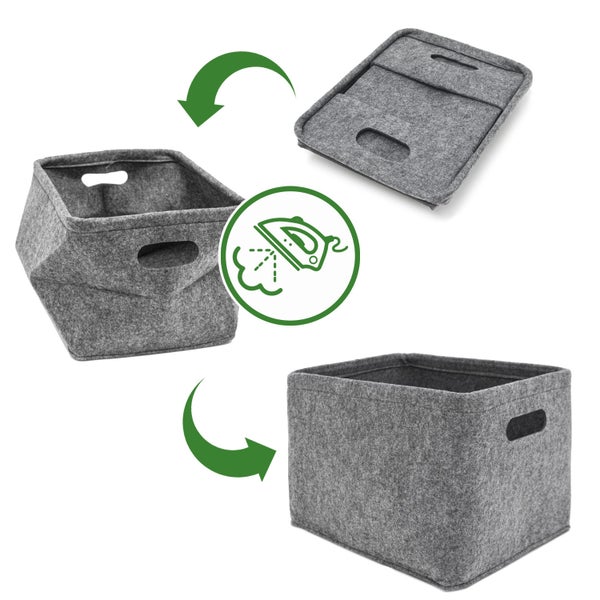 Faltbare Aufbewahrungsbox aus Filz mit Griffen und Dampfbügel-Symbol zum Glätten von Falten.