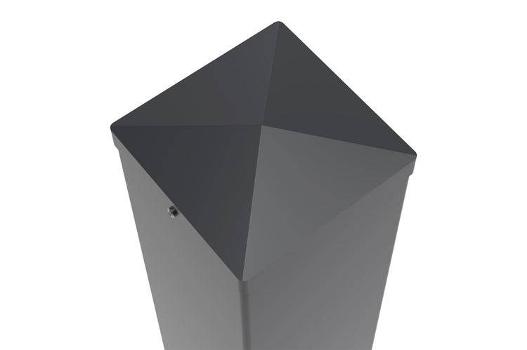 Quadratische Pfostenkappe mit pyramidenförmigem Abschluss für Zaunpfosten aus Metall.
