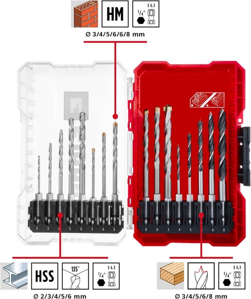 Einhell M-CASE 16-tlg. Bohrer-Set (Holzbohrer, Steinbohrer und Metallbohrer mit E 6.3 Schaft für Akkuschrauber und Bohrmaschinen inkl. Aufbewahrungsbox)