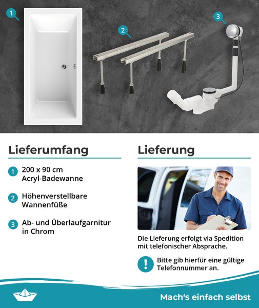 Lieferumfang Acryl-Badewanne 200 mal 90 Zentimeter, Wannenfüße, Ab- und Überlaufgarnitur, Information zur Speditionslieferung und Hornbach Logo.