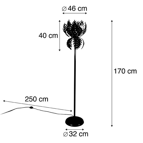 Skizze einer Stehlampe mit den Maßen 170 cm Höhe, 46 cm Lampenschirmdurchmesser, 40 cm Lampenschirmhöhe und 32 cm Basisdurchmesser