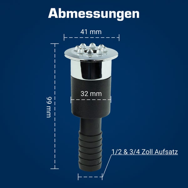 Abmessungen der LED-Leuchte: Höhe 99 Millimeter, Durchmesser oben 41 Millimeter, Körper 32 Millimeter, Anschluss 1/2 und 3/4 Zoll.