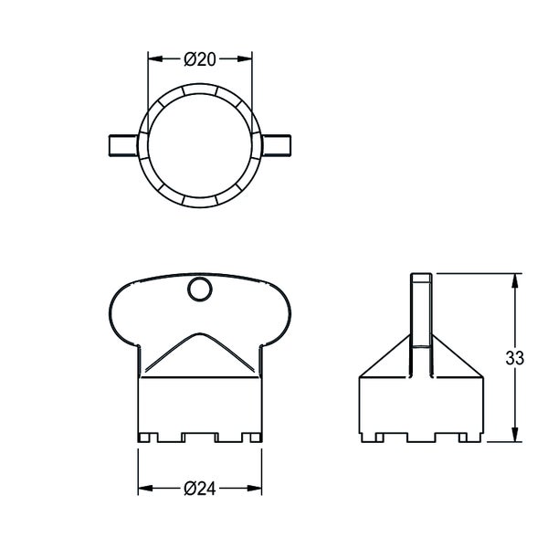 Technische Zeichnung eines Mischdüsenschlüssels mit Maßen: Durchmesser 20 und 24 Millimeter, Höhe 33 Millimeter.