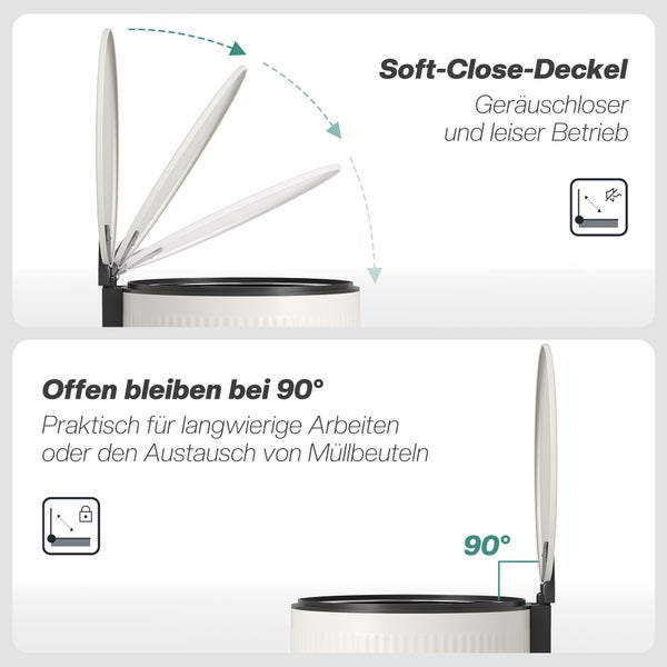 Abbildung zur Soft-Close Funktion und dem 90-Grad-Öffnungswinkel eines Abfalleimers