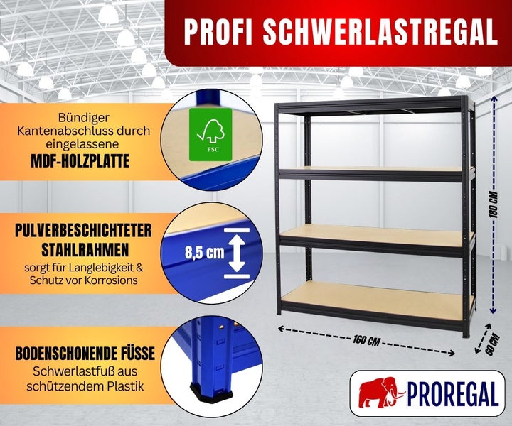 Schwerlastregal aus Stahl mit Holzfaserplatten, 180 mal 160 mal 60 Zentimeter, FSC-zertifiziert, pulverbeschichtet, Proregal Logo.