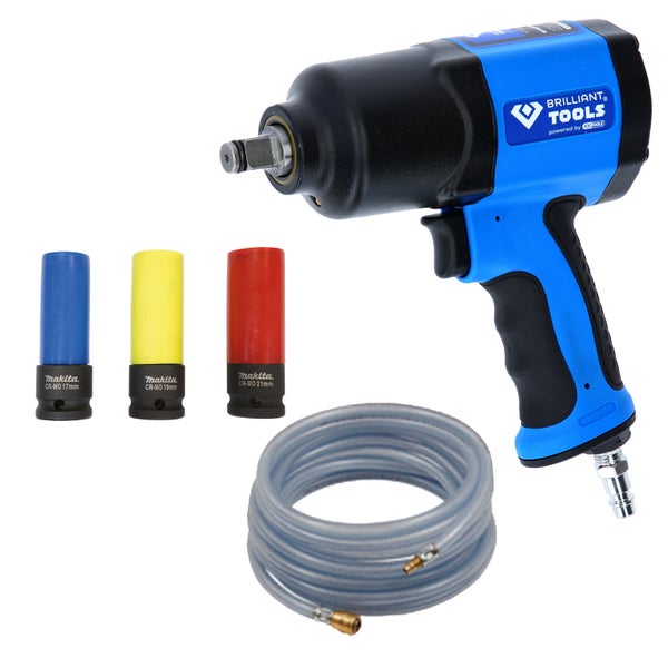 BRILLIANT TOOLS Druckluft-Schlagschrauber 1/2 1.450 Nm inkl. Steckschlüssel-Set + PVC-Gewebeschlauch