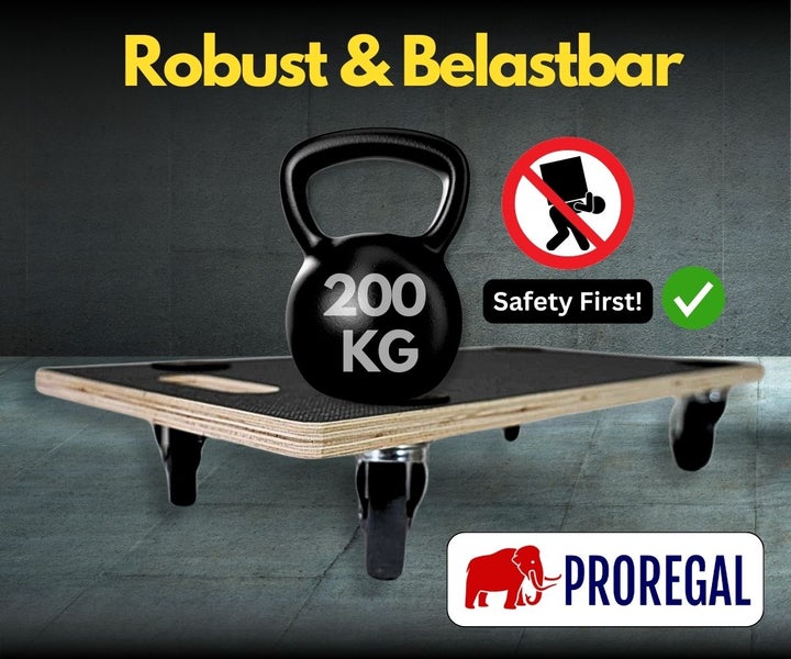 Proregal Logo. Hölzernes Rollbrett mit einem 200 Kilogramm Gewicht. Symbole für Arbeitssicherheit und hohe Belastbarkeit.