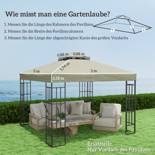 Outsunny Ersatzdach für Pavillon 3 x 3 m, wasserabweisend Pavillondach, Doppeldach Ersatzbezug für Gartenpavillon, Ersatzteile aus Oxford-Stoff, 370 g/m², Hellgrau