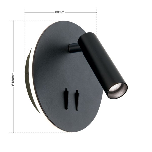 Wandleuchte mit einem Durchmesser von 150 Millimeter und einer Tiefe von 80 Millimeter.
