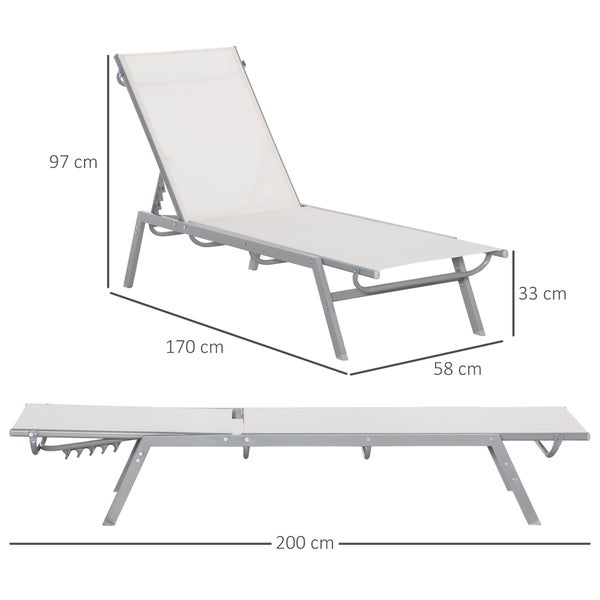 Outsunny Garten-Sonnenliege Relaxliege mit 5-stufige Rückenlehne aus Metall Cremeweiß 170 x 58 x 97 cm