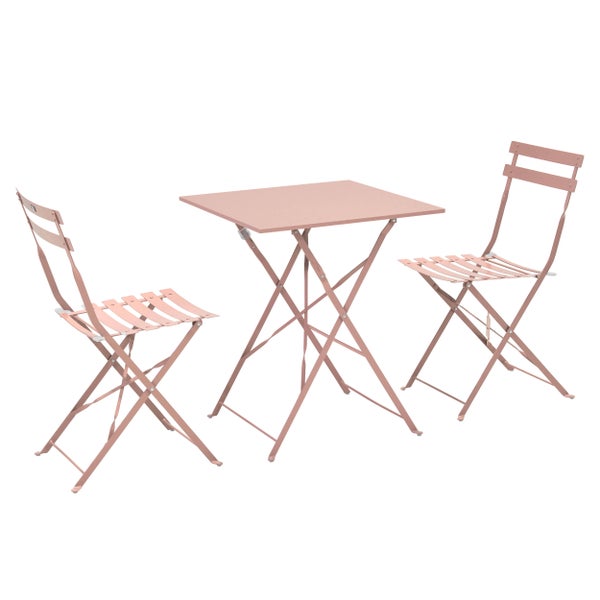 Bistro-Set bestehend aus einem quadratischen Klapptisch und zwei Klappstühlen aus Metall für Balkon oder Garten.