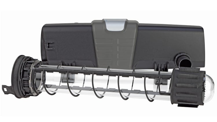 Ersatz-Quarzglas mit Schutzkorb und Gehäuse für Ultraviolett-C-Klärer zur Teichreinigung.