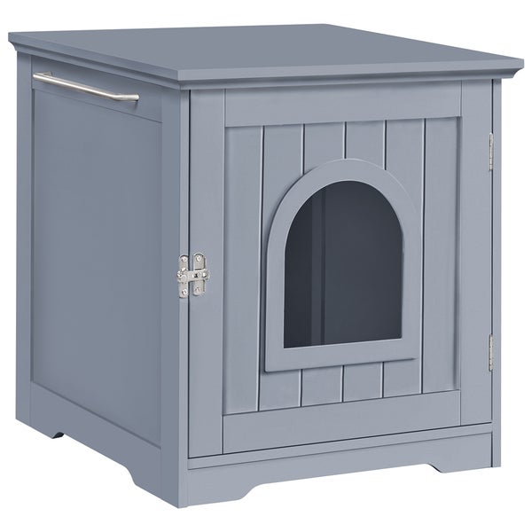 Graue Katzentoilette aus Holz mit Tür und Griff