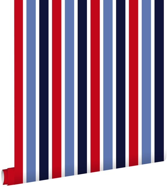 ESTAhome Tapete vertikale Streifen Dunkelblau, Rot und Weiß - 53 cm x 10,05 m - 138705