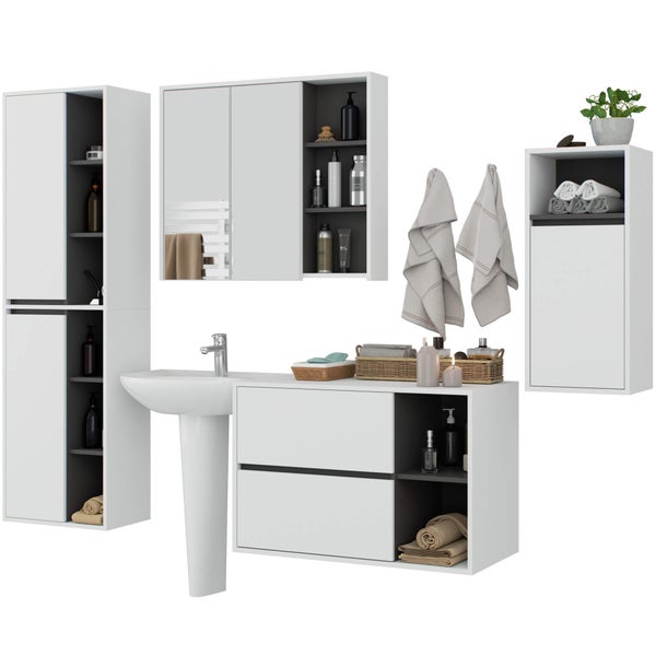 Badezimmerensemble mit Waschtisch, Spiegel und Stauraumelementen
