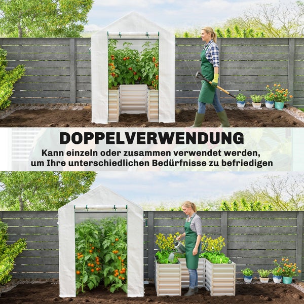 Foliengewächshaus und Hochbeet im Garten-Set, einzeln oder kombiniert verwendbar für den Anbau von Gemüse und Pflanzen im Außenbereich.