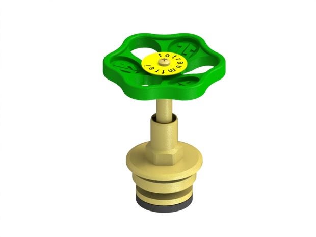 Ventiloberteil totraumfrei aus Messing mit grünem Handrad für Wasserarmaturen.