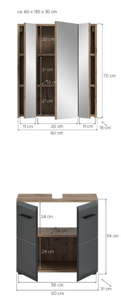 Maßzeichnungen für Spiegelschrank und Waschbeckenunterschrank in Holzoptik und Anthrazit mit detaillierten Zentimeterangaben.