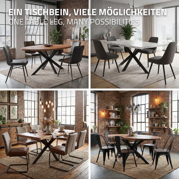 Vier verschiedene Esszimmereinrichtungen mit einem metallischen Tischgestell in X Form kombiniert mit unterschiedlichen Tischplatten und Stühlen
