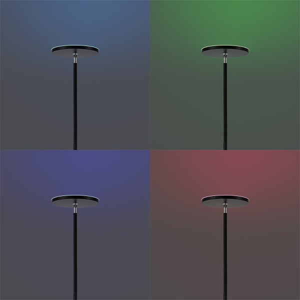 LED Stehleuchte mit Farbwechselfunktion und flachem rundem Leuchtenkopf in Schwarz.