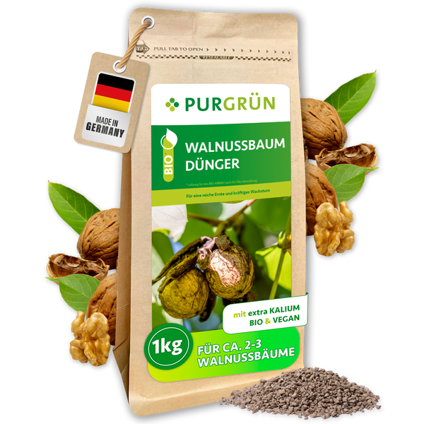 Eine Packung Purgrün Bio Walnussbaum Dünger mit einem Kilogramm Inhalt, umweltfreundlich und vegan, inklusive Hinweis auf Herstellung in Deutschland.