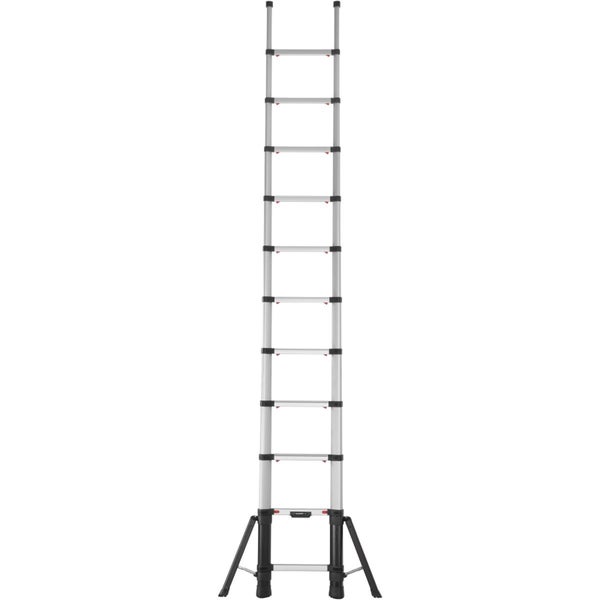Teleskopleiter aus Aluminium in voll ausgefahrenem Zustand mit stabilisierenden Standfüßen.