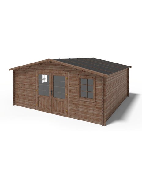Gartenhaus aus Holz mit Doppeltür und Fenster in Blockbohlenbauweise für den Gartenbereich