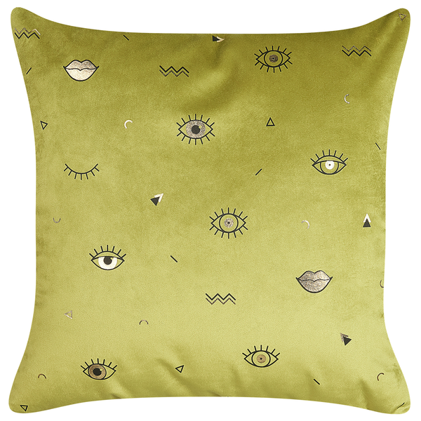 Grünes Dekokissen aus Samt mit Augen, Lippen und geometrischen Motiven.