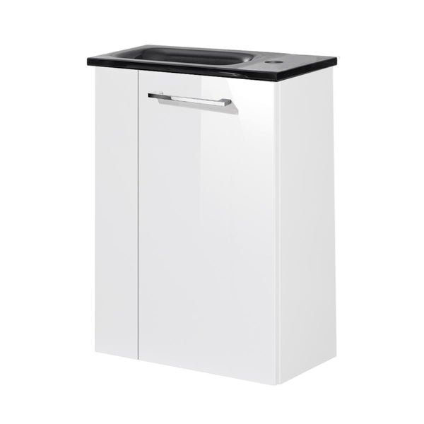 Fackelmann SCENO Gäste-WC Set 2 Teile – Waschtischunterschrank in Weiß mit Waschbecken aus Glas in Anthrazit – SBC Waschbeckenunterschrank schmal – Türanschlag rechts – 45 cm breit