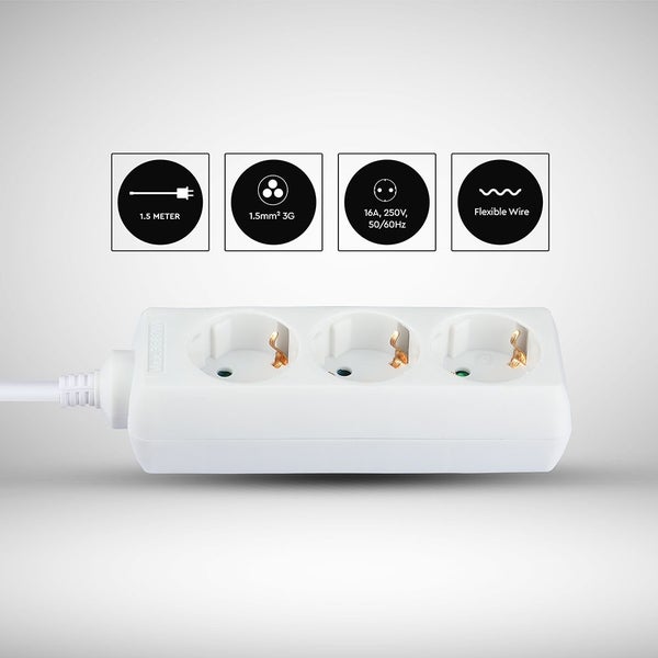 Weiße Steckdosenleiste mit drei Steckplätzen, 1,5 Meter Kabellänge, 1,5 Quadratmillimeter Querschnitt, 16 Ampere und flexible Leitung.