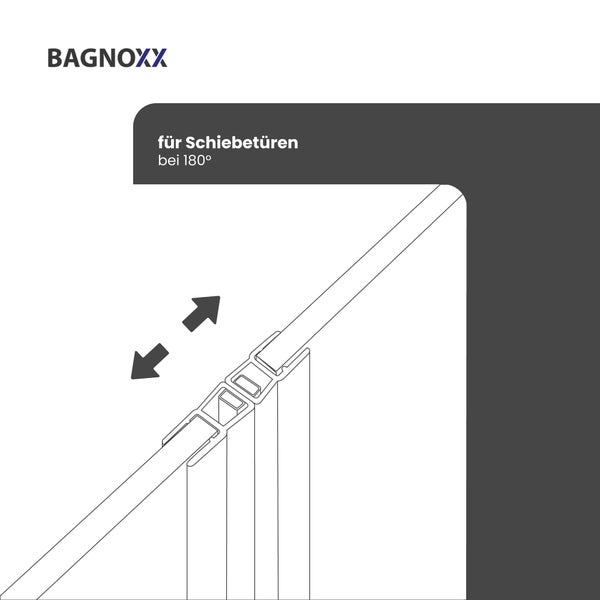 Bagnoxx Logo, Illustration einer Duschdichtung für Schiebetüren bei einer 180 Grad Verbindung.