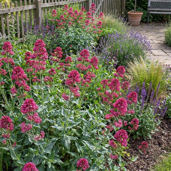 Roter Baldrian in einem Gartenbeet mit Lavendel, Gräsern und einem Holzzaun.